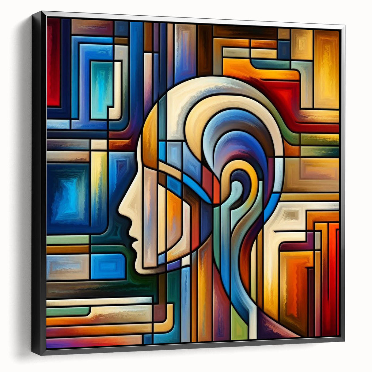 Framed black canvas showcasing a minimalist abstract art piece, emphasizing bold colors and geometric shapes, ideal for modern home decor and art enthusiasts.