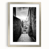 Textured abstract art print in muted gray and blue tones on framed canvas, ideal for bedroom wall decor.