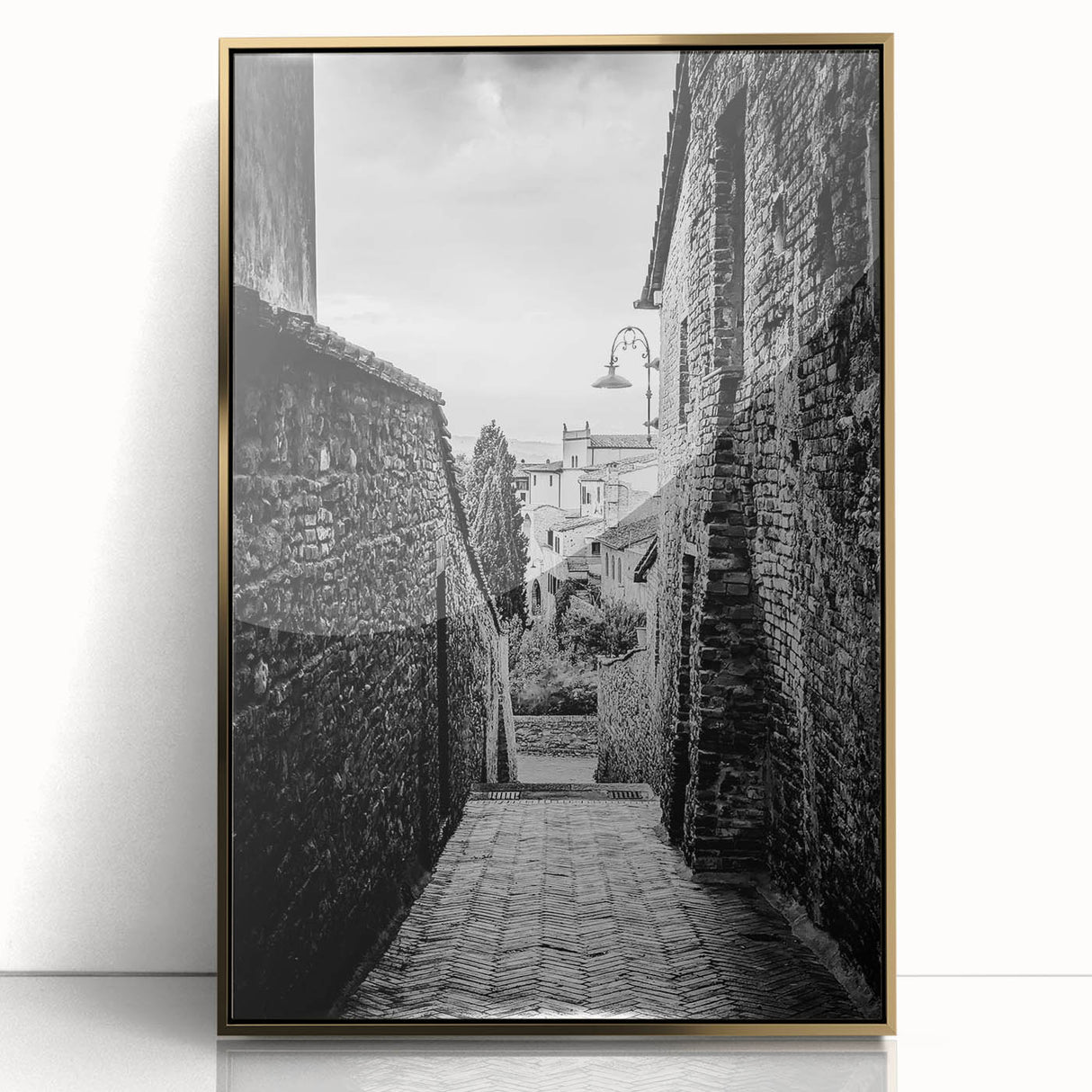 Large acrylic print of abstract mid-century modernist art in gold and black, ideal for modern art wall decor.