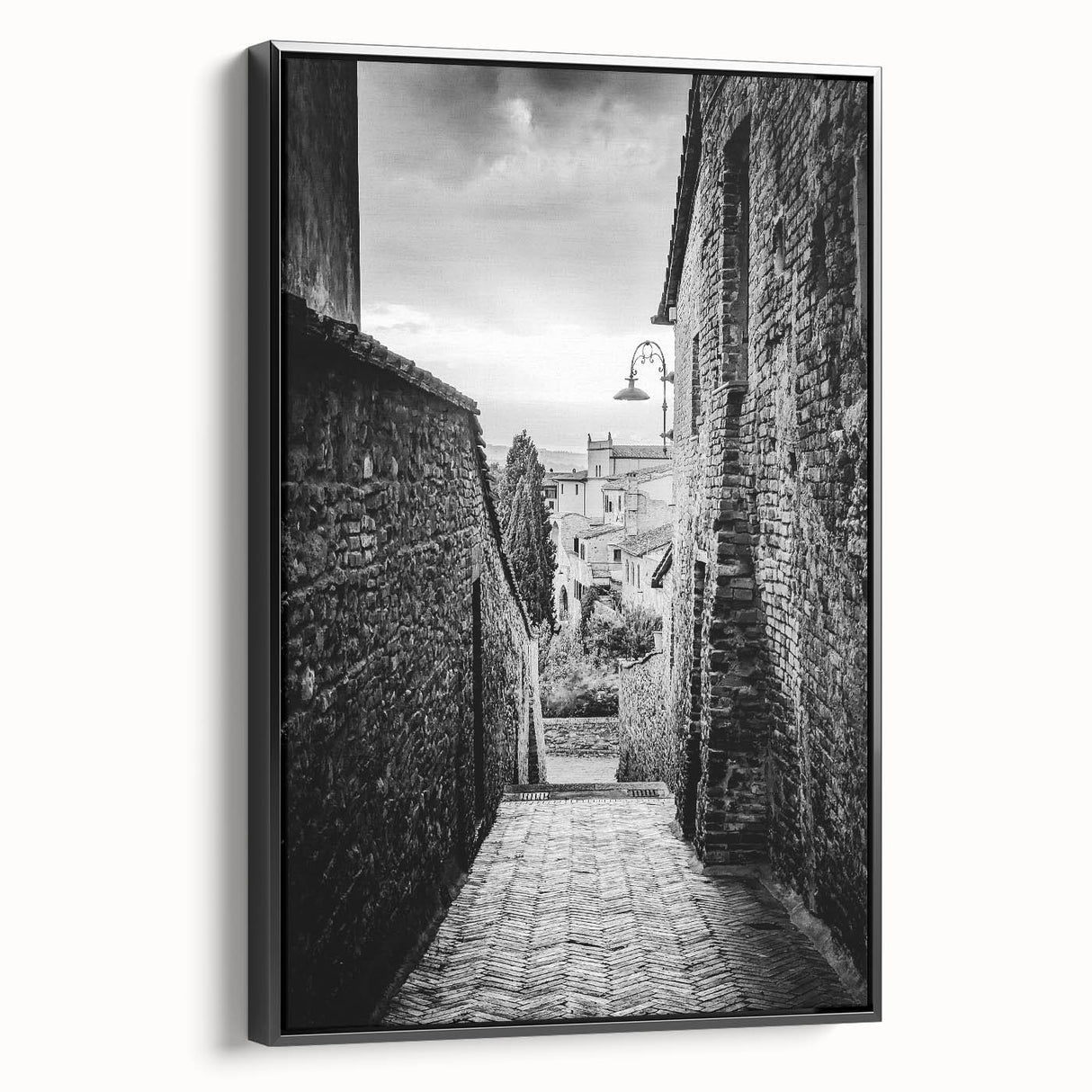 Framed canvas of a black and white vintage landscape painting, ideal for bedroom wall art.