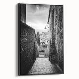 Framed canvas of a black and white vintage landscape painting, ideal for bedroom wall art.