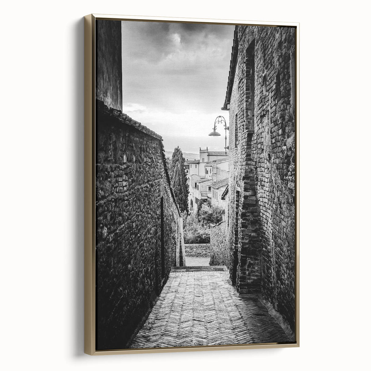 Framed canvas featuring a black and white vintage landscape painting, suitable for bedroom wall art.