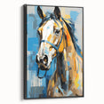 Framed black canvas showcasing a vibrant abstract art piece, emphasizing bold colors and dynamic shapes, ideal for modern home decor and artistic expression.