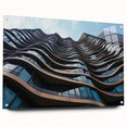 Large abstract wall art in vibrant blue and green hues on acrylic glass, ideal for dining room decor.