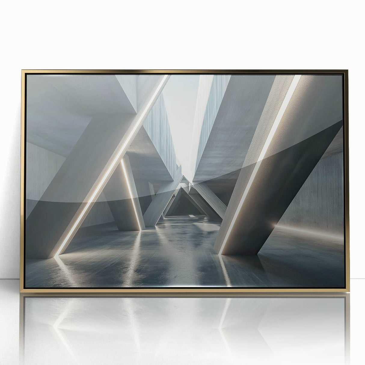 Mid-century modernist art deco poster featuring geometric shapes in gold and black, framed acrylic.