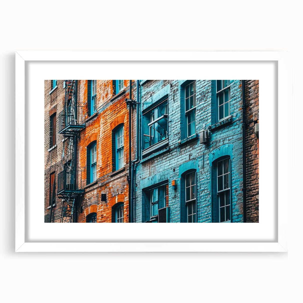 Abstract art print featuring swirls of blue and green on a white framed canvas, ideal for dining room decor.