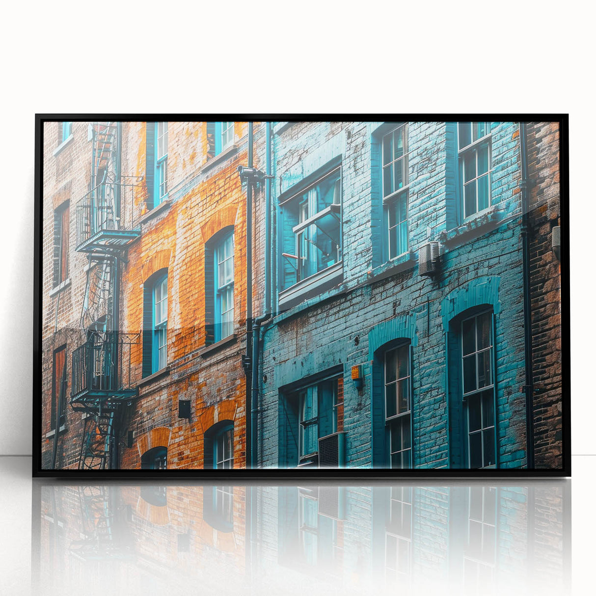 Large abstract wall art in vibrant blue and orange tones, framed in black acrylic, suitable for modern living room decor.