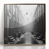 Large art print of a mid-century modernist abstract design in gold and white on framed acrylic.