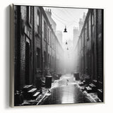 Landscape art painting on framed canvas, featuring a colorful vintage poster art style with black edges.