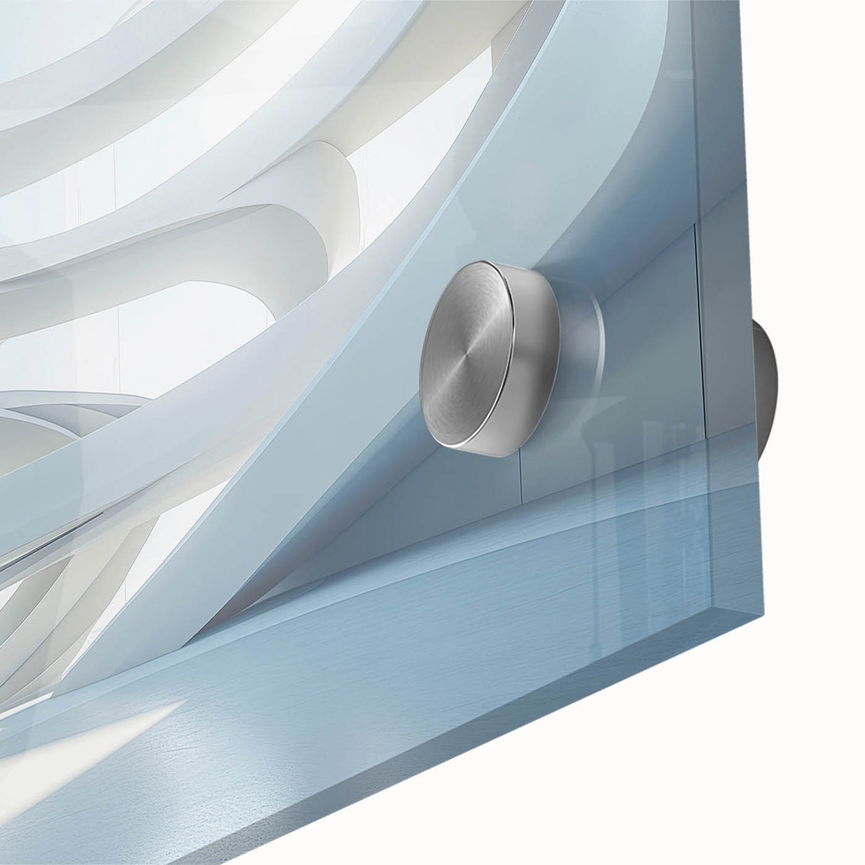Large abstract wall art on acrylic glass featuring mid-century modernist swirls in blue and gray tones.
