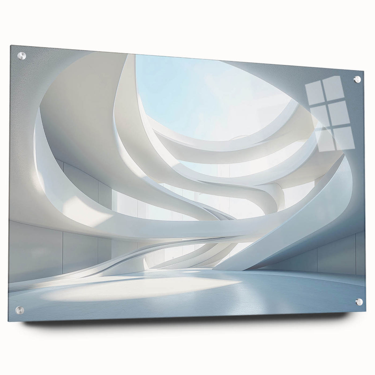 Large abstract wall art on acrylic glass featuring swirling blue and gray tones.