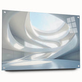 Large abstract wall art on acrylic glass featuring swirling blue and gray tones.