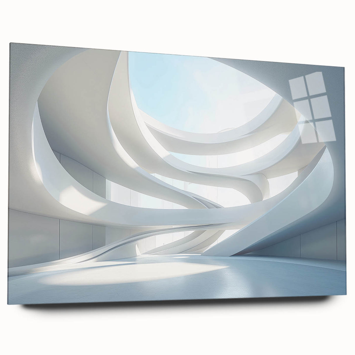 Large abstract wall art on acrylic glass featuring swirling blue and white patterns.