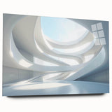 Large abstract wall art on acrylic glass featuring swirling blue and white patterns.