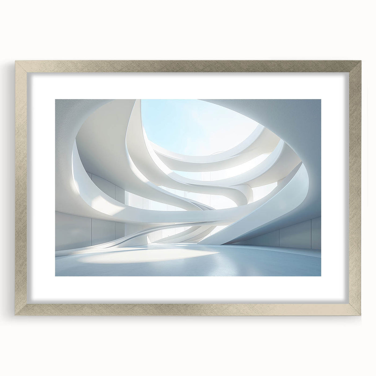 Abstract art print featuring swirling blue and white patterns on a silver-framed canvas.