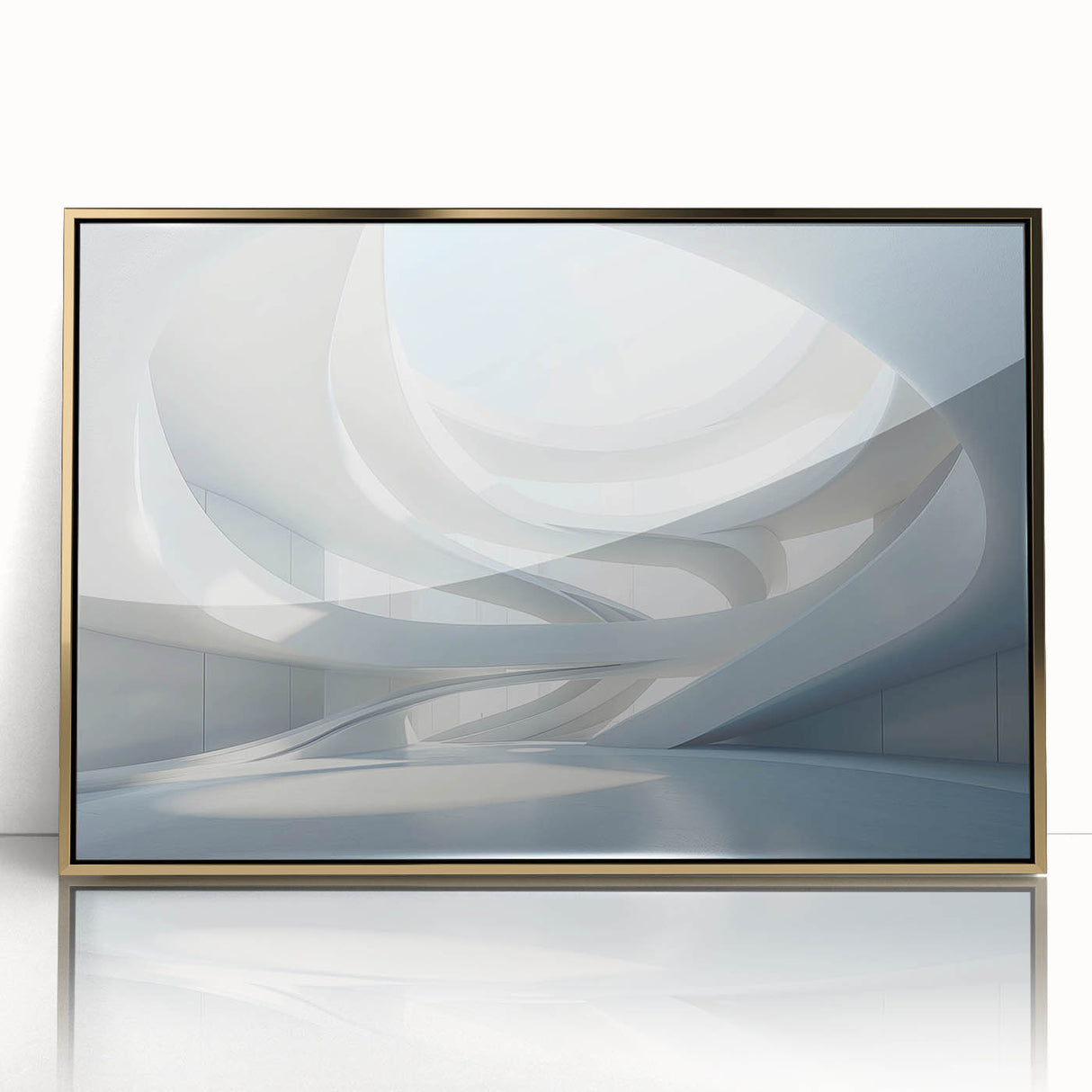 Mid-century modernist art depicting geometric shapes in gold and black on a framed acrylic print.
