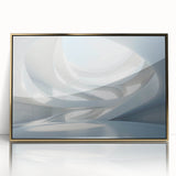 Mid-century modernist art depicting geometric shapes in gold and black on a framed acrylic print.