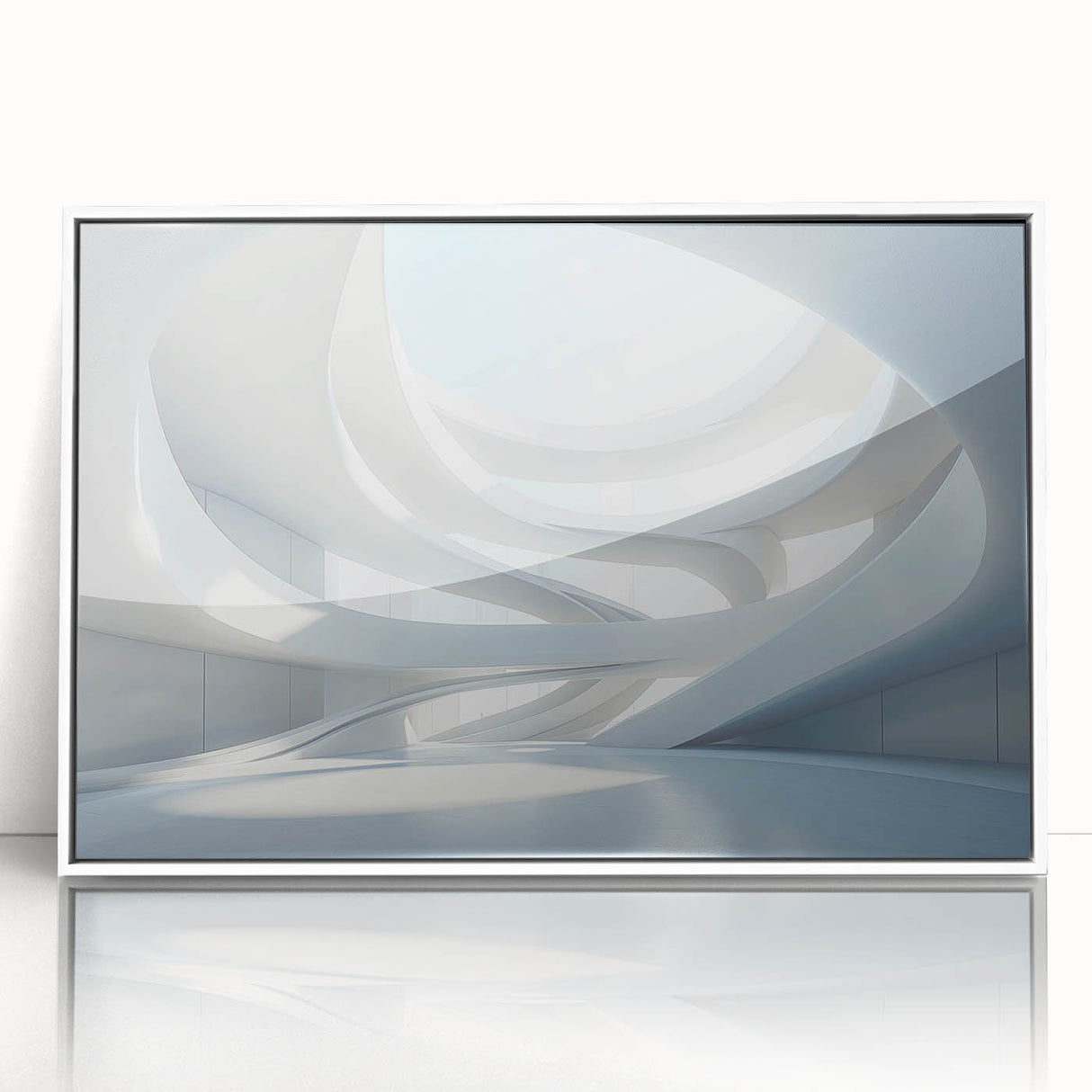 Large art print of a mid-century modernist style abstract design in soft pastel shades, framed in white acrylic.