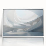 Large art print of a mid-century modernist style abstract design in soft pastel shades, framed in white acrylic.