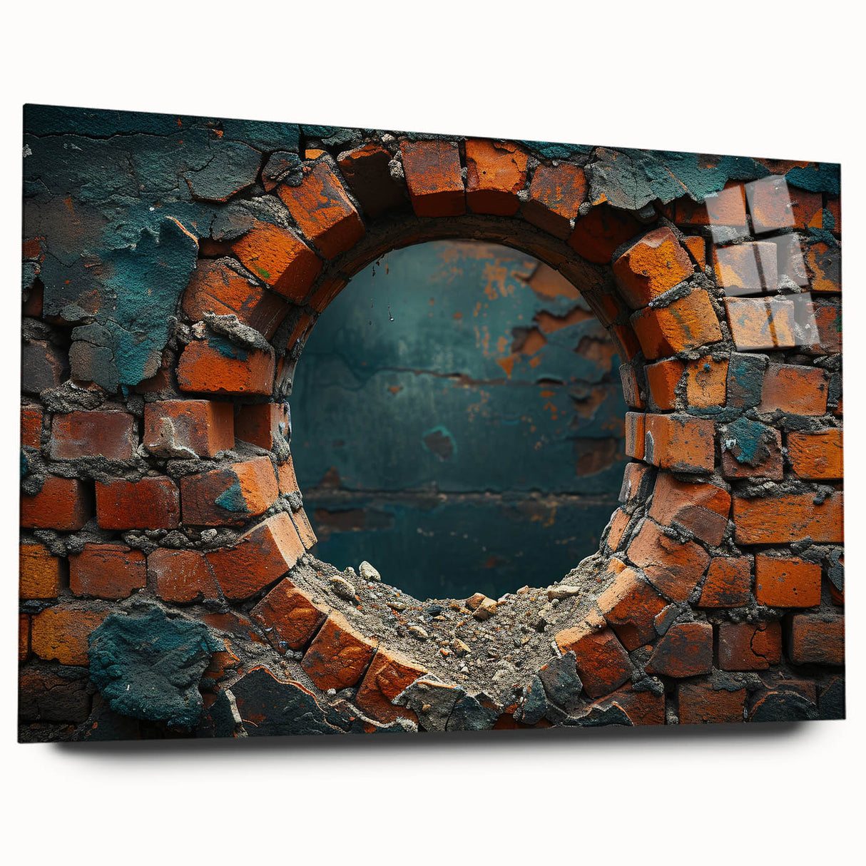 Large abstract wall art in vibrant blue and green hues on acrylic glass, suitable for bedroom or dining room decor.