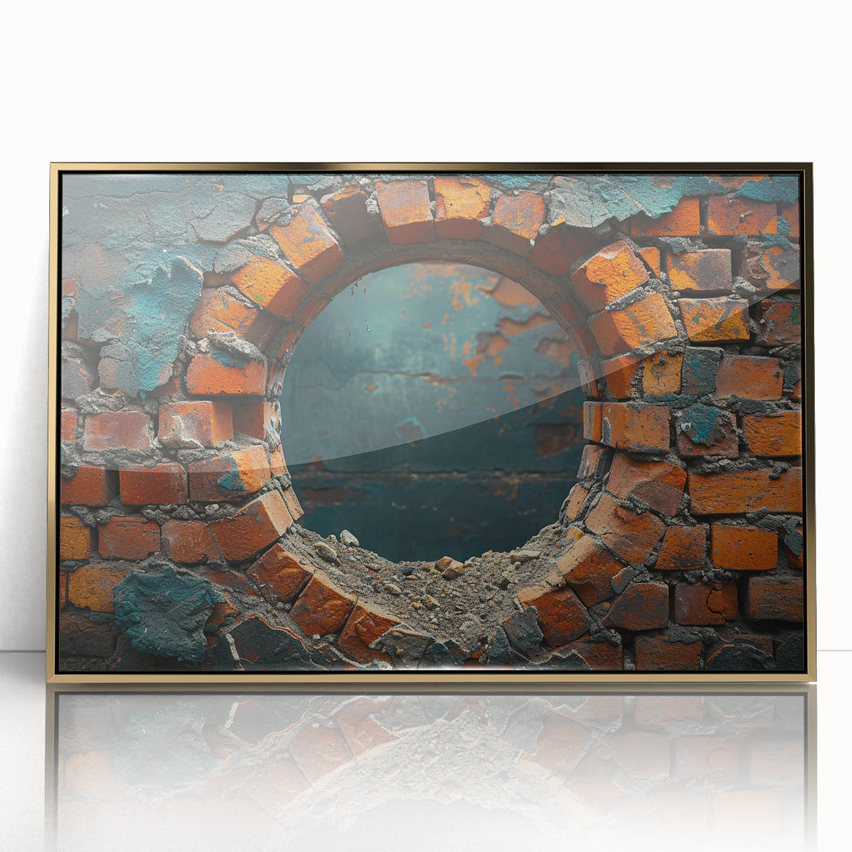 Large art print of a mid-century modernist abstract design in gold and black tones on acrylic.