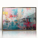Large art print of a mid-century modernist abstract design in gold and black tones on acrylic.