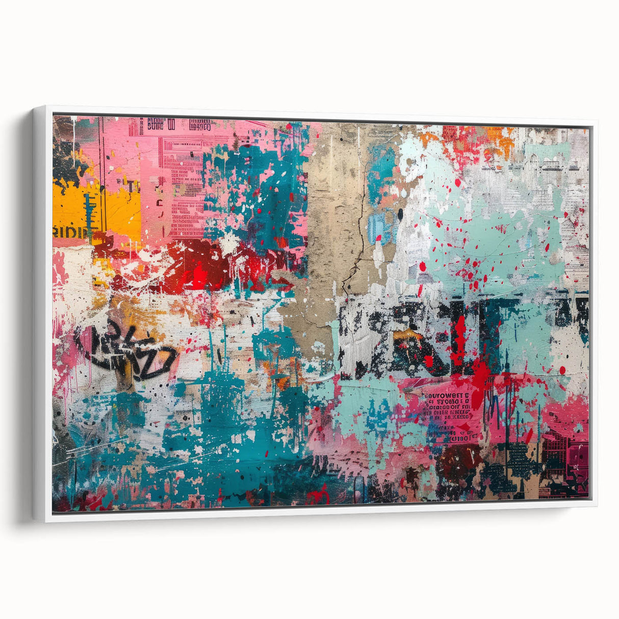 Framed vintage poster art featuring colorful abstract shapes on a black background.