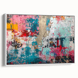 Framed vintage poster art featuring colorful abstract shapes on a black background.