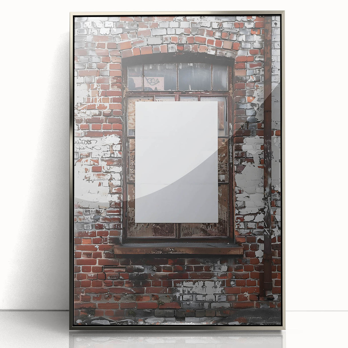 Mid-century modernist art deco poster depicting geometric shapes in muted pastel colors, framed in silver acrylic.