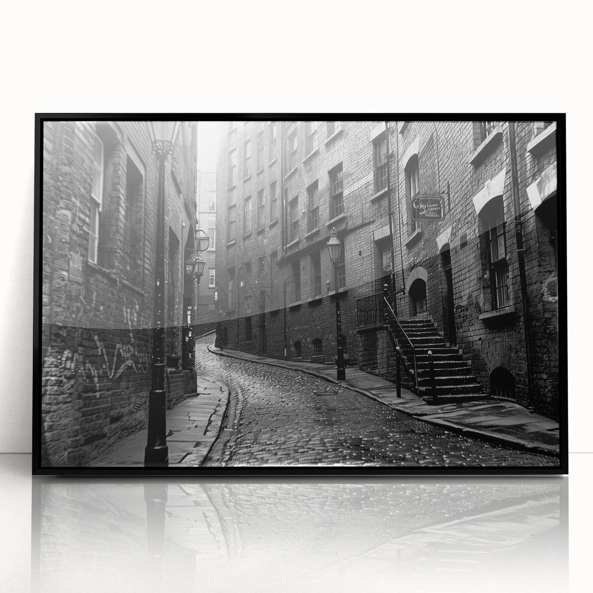 Large abstract wall art featuring swirling blue and white patterns on a black acrylic print.