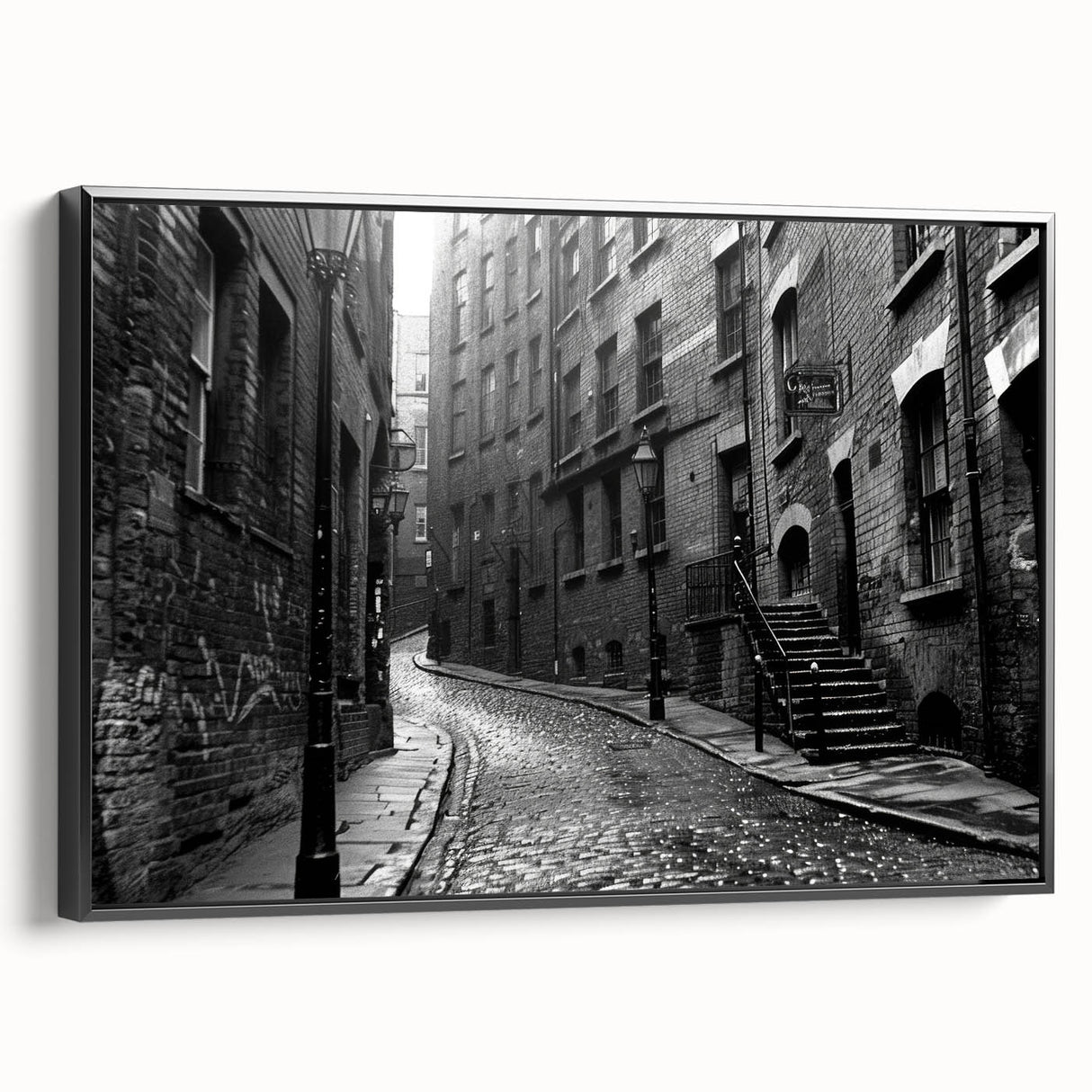 Black and white landscape painting on framed canvas, featuring a serene mountain scene, ideal for bedroom wall decor.