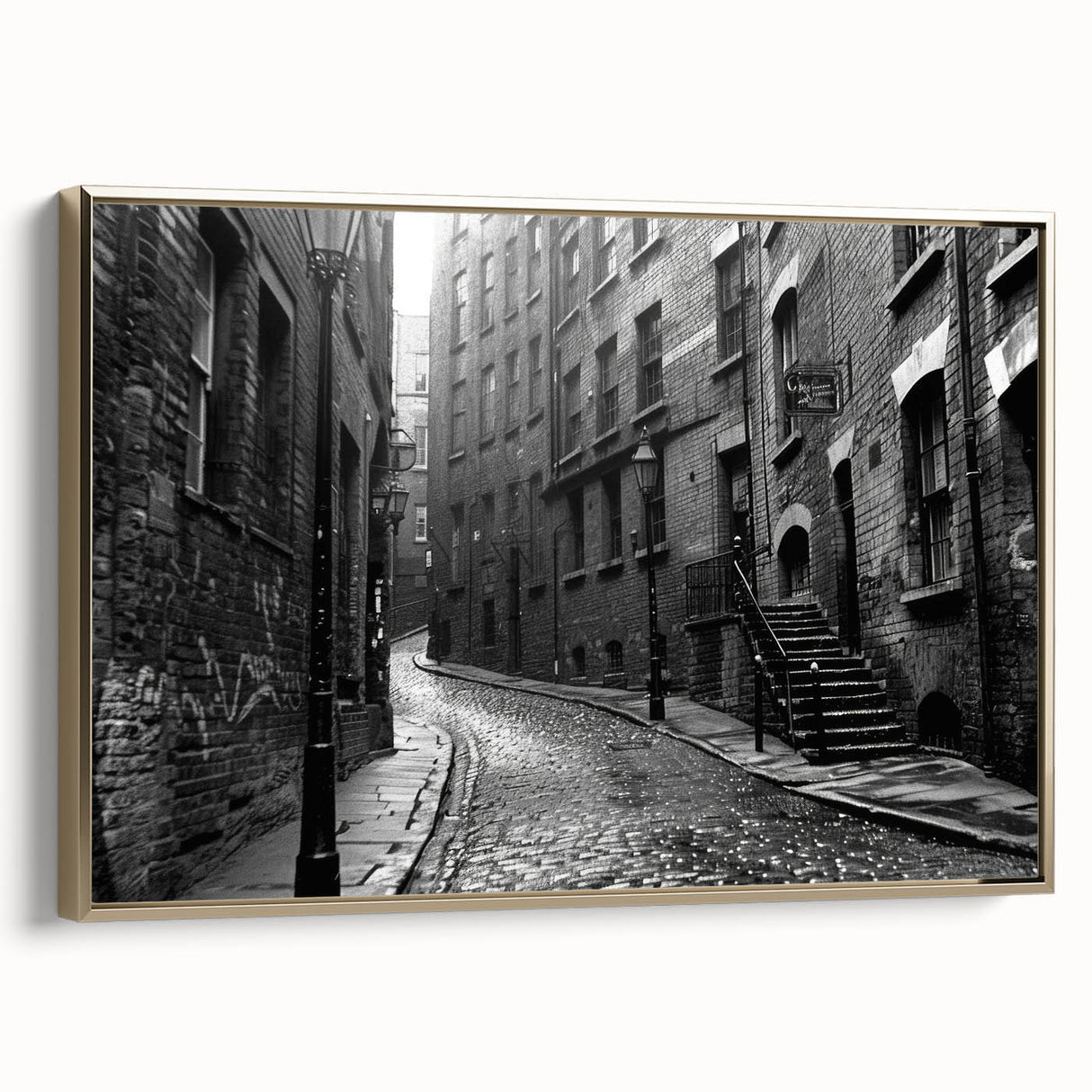 Framed canvas featuring a vintage landscape painting in black with gold accents, ideal for bedroom wall art.