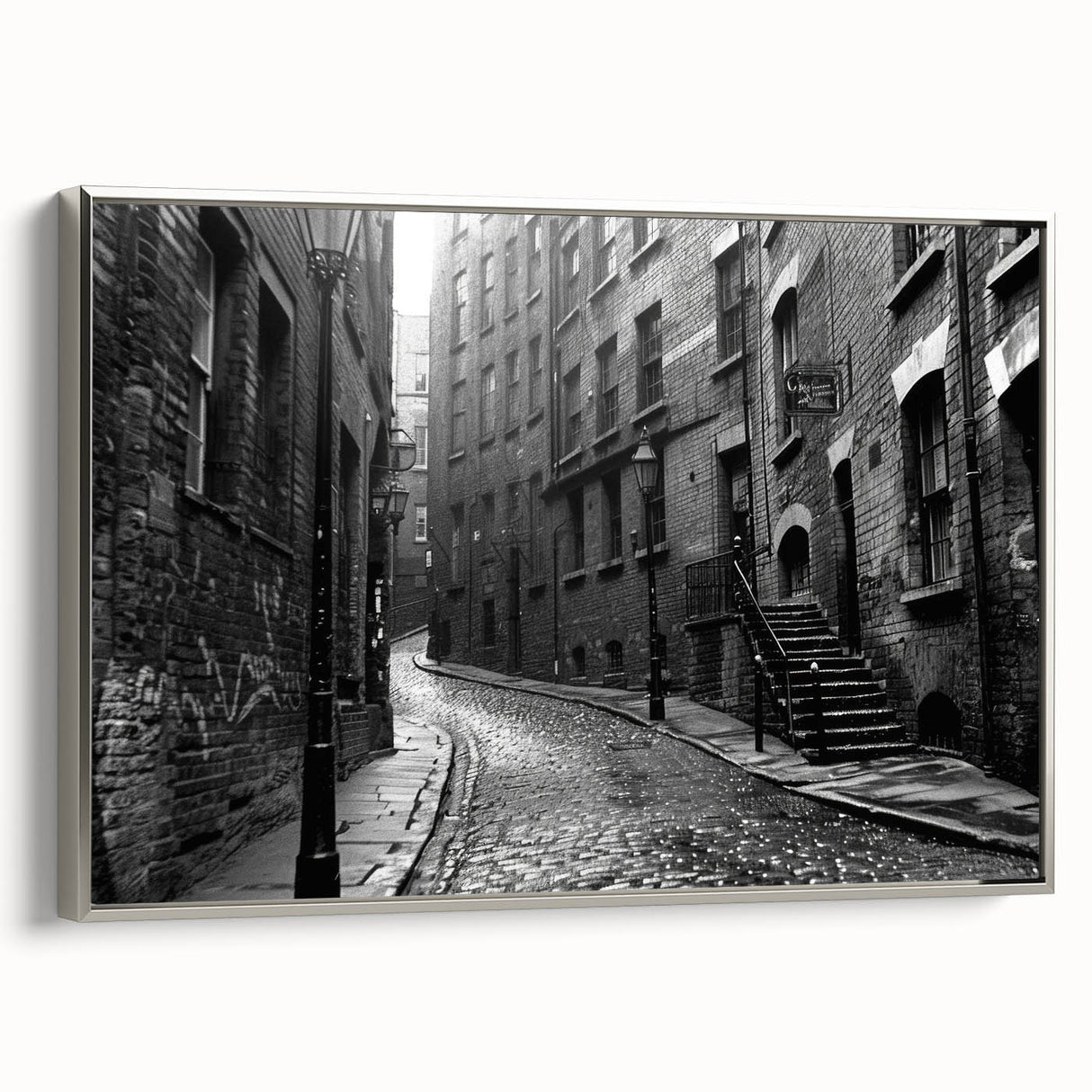 Framed canvas depicting a vintage landscape painting with a black and colorful palette, ideal for living room decor.