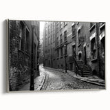 Framed canvas depicting a vintage landscape painting with a black and colorful palette, ideal for living room decor.