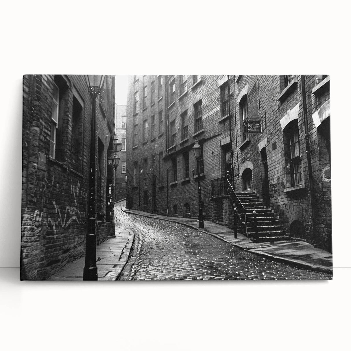 Large black and white abstract print on stretched canvas, featuring fluid shapes.