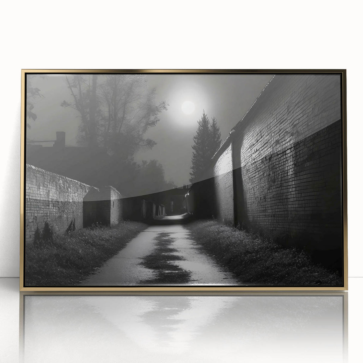 Large art print of a mid-century modernist abstract design in neutral and gold tones, framed acrylic.