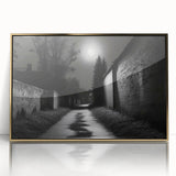 Large art print of a mid-century modernist abstract design in neutral and gold tones, framed acrylic.