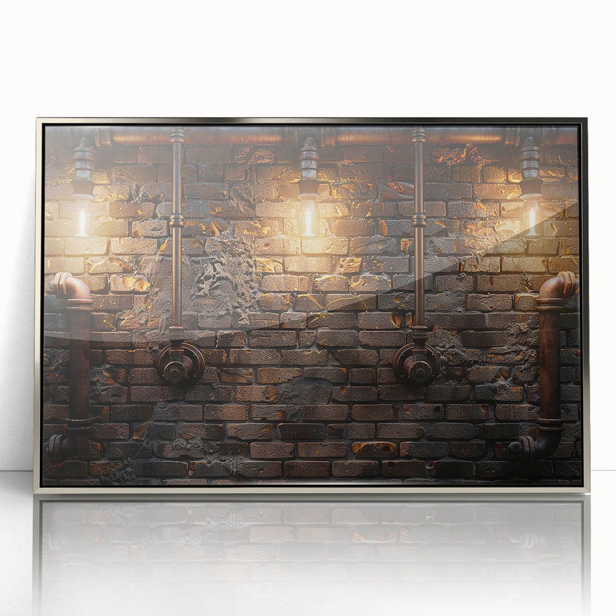 Mid-century modernist art deco poster in acrylic frame, featuring geometric shapes in silver and gray.