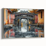 Landscape art painting on framed canvas depicting a colorful, vintage-style scene.