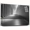 Large abstract wall art on acrylic, featuring swirling blue and gray tones, ideal for modern bedroom or dining room decor.