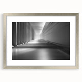 Abstract art print featuring swirling blue and silver patterns on a framed canvas, suitable for dining room or bedroom decor.