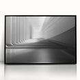 Large abstract wall art on acrylic, featuring swirling blue and gray tones, in a mid-century modernist style.