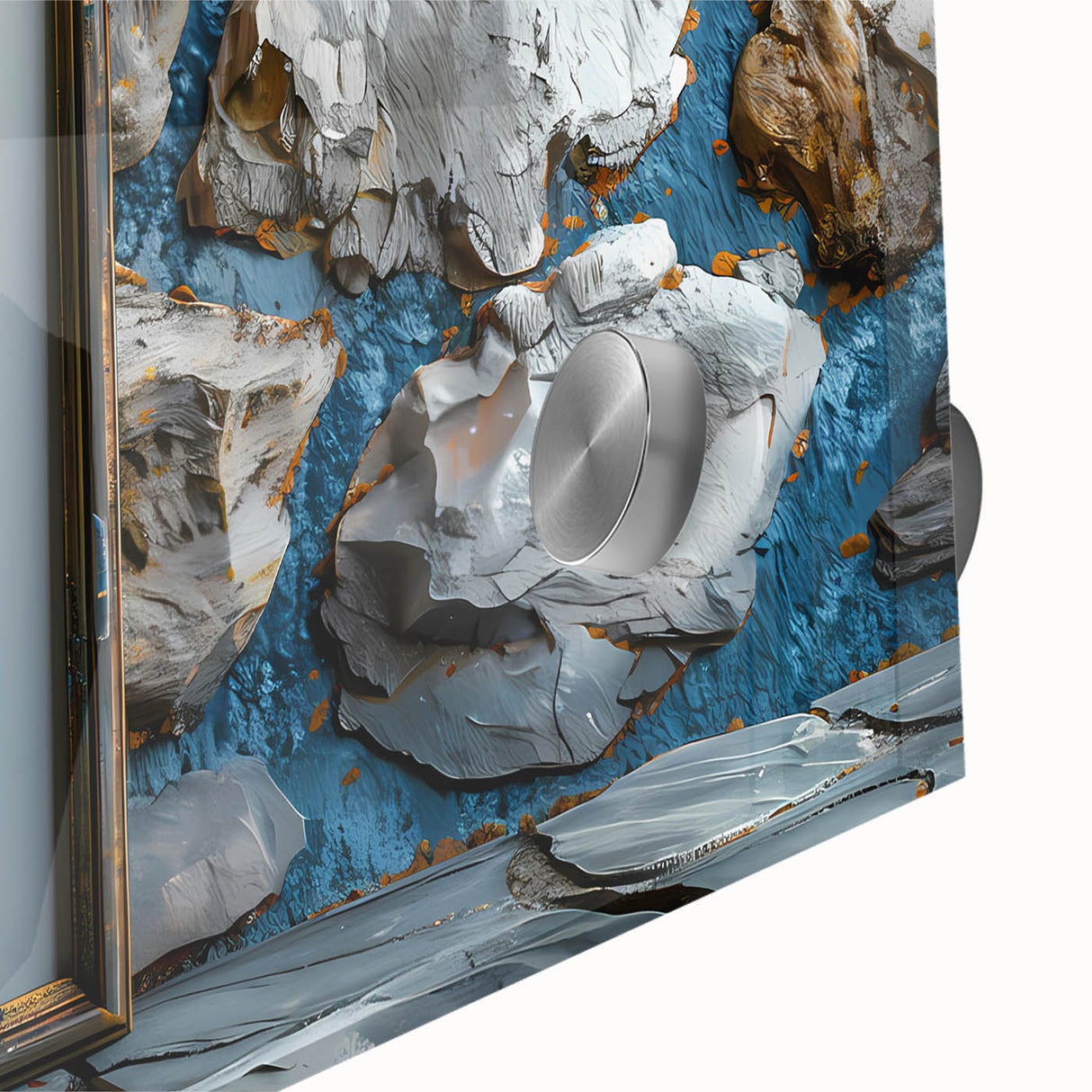 Large abstract wall art in vibrant orange and blue tones on acrylic glass, suited for dining room decor.