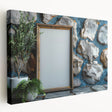 A large stretched canvas featuring a vibrant abstract design in blue and orange, ideal for kitchen wall art.