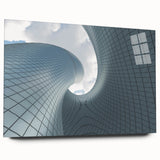 Large abstract wall art on acrylic glass featuring swirling blue and white patterns.
