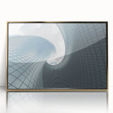 Mid-century modernist art print of geometric shapes in muted gold and white, acrylic framed, ideal for nursery wall art.