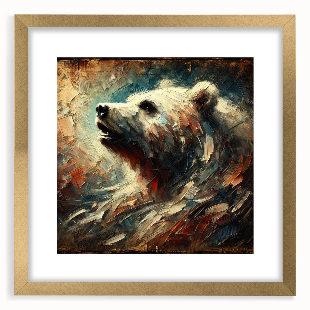 Abstract oil painting of a bear in dynamic brushstrokes, framed in an elegant gold mat, showcasing bold colors and textures for a striking wall decor piece.