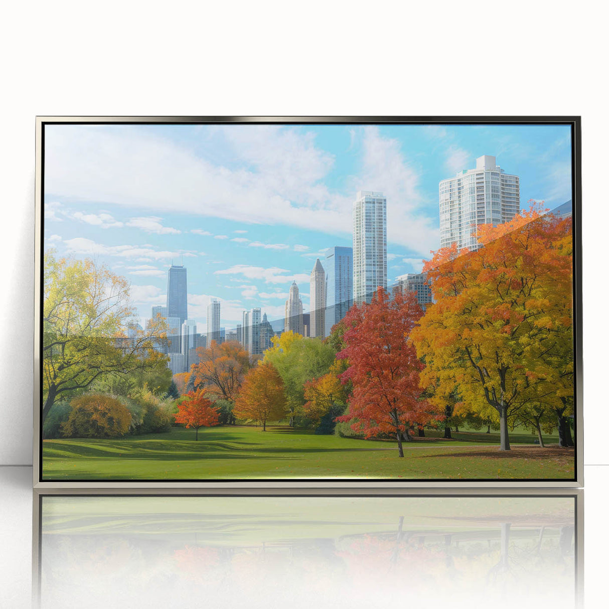 Mid-century modernist cityscape in muted pastel shades on canvas, suitable for nursery wall art.