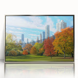 Mid-century modernist cityscape in muted pastel shades on canvas, suitable for nursery wall art.