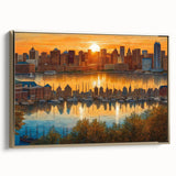 Vintage poster art depicting a black and white city landscape on canvas, ideal for bedroom wall decor.